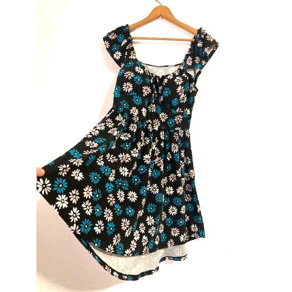 Black and Blue FLORAL High-Low Dress - Flutter Sleeve Dress - Picture 5 of 13